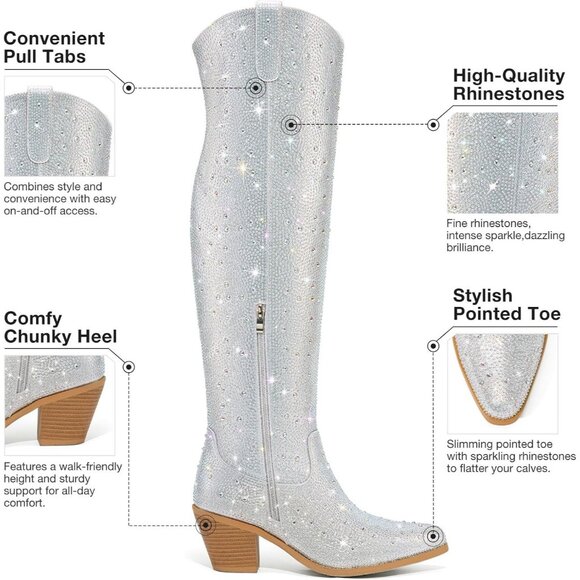 Women's Silver Rhinestone Cowboy Boots Sparkly Over the Knee High Pointed Toe - Picture 5 of 6